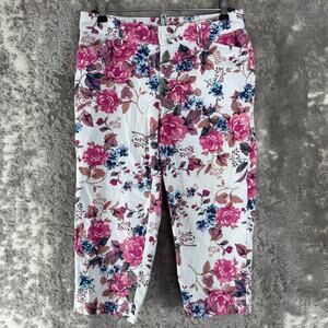 St Johns Bay Sz 4 Capri Floral Print Straight Leg Cropped Pants Pink Button Zip